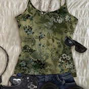 Resim Kadın Y2K Çiçek Desenli Spagetti Askılı Atlet - Yeşil Paisley ve Çiçek Desenli Seksi Retro Yaz Bluz, Polyester, Bahar/Yaz/Sonbahar için Mükemmel, Spagetti Askılı Atlet 