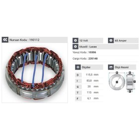Resim 12v Alternatör Statör Lucas Tipi 65 A 3 Uçlu Acr 15/16 N11.440 
