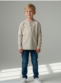 Resim Zekids Erkek Çocuk Düğmeli Pamuklu İnce Uzun Kollu T-shirt-16778 Bej 