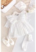 Resim 100% Pamuk 4'lü Kız Bebek Mevlüt Elbisesi Seti Ekru Somon 