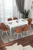 Resim Canisa Concept Via Serisi 80x132 Açılabilir Mutfak Masası Takımı Beyaz Mermer Desen Masa 6 Kiremit Sandalye 