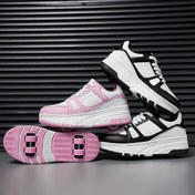 Resim Erkek Kız Düşük Üst Paten Ayakkabıları - Çıkarılabilir Tekerlekli Nefes Alabilen PU & TPR Kaykay Ayakkabılar, Bağcıklı Kapatma, Siyah/Beyaz ve Pembe Vurgular ile Dış Mekan Sporları & Günlük Kullanım için, Esnek İç Astarlı, Paten Ayakkabıları 