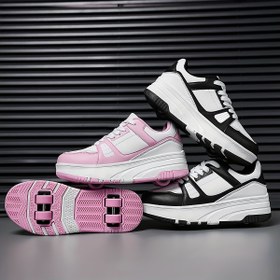 Resim Erkek Kız Düşük Üst Paten Ayakkabıları - Çıkarılabilir Tekerlekli Nefes Alabilen PU & TPR Kaykay Ayakkabılar, Bağcıklı Kapatma, Siyah/Beyaz ve Pembe Vurgular ile Dış Mekan Sporları & Günlük Kullanım için, Esnek İç Astarlı, Paten Ayakkabıları 