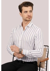 Resim Erkek Beyaz Lacivert Çizgili Slimfit Kutulu Gömlek Beyaz - Lacivert 
