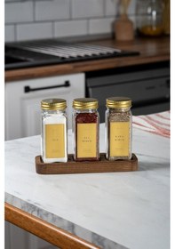 Resim Mienda Home 3'lü Ahşap Standlı Cam Baharatlık Seti Gold Kapaklı Etiketli Baharatlık Takımı Gold - Şeffaf 