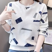 Resim Kadınların Şık Beyaz Yuvarlak Yaka Sweatshirt'i - Geometrik Mavi ve Gri Baskı ile Uzun Kollu, Rahat Kesim, Bahar/Sonbahar Rahat Üst, Rahat Giyim|Rahat Kesim Üst|Konforlu Kesim 