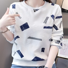 Resim Kadınların Şık Beyaz Yuvarlak Yaka Sweatshirt'i - Geometrik Mavi ve Gri Baskı ile Uzun Kollu, Rahat Kesim, Bahar/Sonbahar Rahat Üst, Rahat Giyim|Rahat Kesim Üst|Konforlu Kesim 
