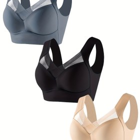 Resim 3 Adet Kadın Yumuşak Kumaşlı, Sütyensiz, Yüksek Esneklikli, Nefes Alabilen Fileli, V-Yaka, Oyma Detaylı, Yoga ve Koşu İçin İdeal Spor Sütyeni Paketi 