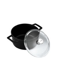 Resim Lava Döküm Yuvarlak Tencere Çap Ø 24cm. Cam Kapaklı. Glaze Metalik Siyah Siyah 