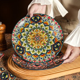 Resim 1 adet Canlı Bohem Tarzı 8.5 inç El Boyaması Seramik Yemek Tabak - Renkli Çiçek & Paisley Tasarımı, Biftek, Makarna, Salata için İdeal | Gıda Güvenliği, Her Mevsim İçin Çok Yönlü Sofra Takımı, Allseason Tabaklar|Canlı Seramik Tabak|Dekoratif Sofra Takımı 