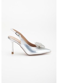 Resim Dilimler Ayakkabı Kadın Abiye Stiletto Gümüş Rugan Metal Çiçek Aksesuarlı Galvaniz Ökçe Kaplamalı-3672 Gümüş 