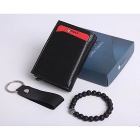 Resim Ozka Leather Collection Kişiye Özel Yeni Trend Otomatik Mekanizmalı Cüzdan - Anahtarlık Ve Bileklik Hediyeli Siyah 