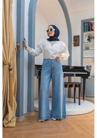 Resim 1166-parçalı Denim Bol Paça Pantolon Mavi Mavi 