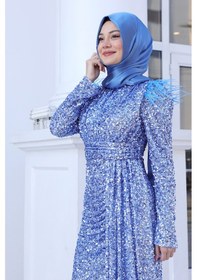 Resim Raika Moda Parıltılı Kol Tüy Detaylı Şura Tesettür Büyük Abiye İndigo 