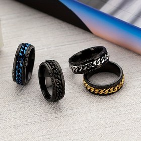 Resim 1 adet Paslanmaz Çelik Döner Zincir Yüzük - Siyah, Mavi ve Altın Renklerde Hip Hop Moda Aksesuarı, Kabartmalı Tasarım, Erkekler ve Kadınlar için İdeal Doğum Günü Hediyesi, Hip Hop Takı 