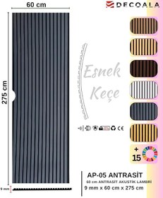 Resim Decoala Akustik Duvar Paneli, Teak Rengi, Ses Yalıtımlı, Modern Stil, 60x275 cm, 9mm Kalınlık, Ahşap Görünümlü (Antrasit) 