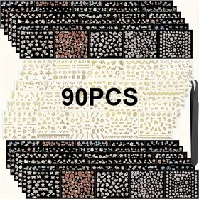 Resim 90 Sayfa Karışık Bahar Çiçeği Tırnak Sanatı Çıkartmaları - 3D Kendinden Yapışkan Hipoalerjenik Tırnak Çıkartmaları, Geometrik Çiçek Kelebek, Kalp, Yıldız ve Ay Tasarımları - Pastel ve Metalik Renkler, Parlak Tırnak Çıkartmaları Kadınlar ve Tırnak Aksesuarları için 
