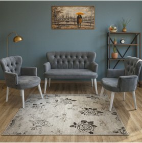 Resim Azra Mobilya Füme Gri Babyface Kumaş Çay Seti Koltuk Takımı – 2 Berjer + 1 İkili, Modern, Beyaz Ayak 