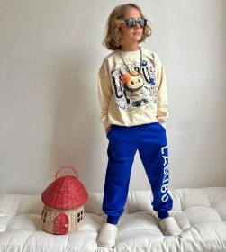 Resim Cg Kids Labubu Süper Kalite Erkek Çocuk 2 Iplik Pamuklu Kumaş Alt Krem - Mavi 