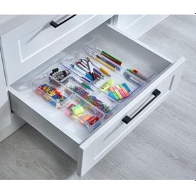 Resim 6&apos Lı Şeffaf Çekmece Düzenleyici Seti Plastik Organizer Kutular Makyaj, Ofis, Mutfak Ve Banyo Düzeni İçin 6 Farklı Boyda Şeffaf Kutu Açık Gri 