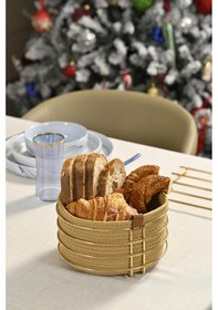 Resim Altın Yuvarlak Ekmek Sepeti Şık,ekmeklik Kahve Hasır Örmeli Makrome-çok Amaçlı Metal Paslanmaz Altın 