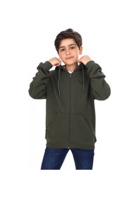 Resim Toontoy Kids Toontoy Erkek Çocuk Kapüşonlu Fermuarlı Cepli Düşük Omuz Baskılı Örme Hırka - 3 İplik Şardonsuz Haki 