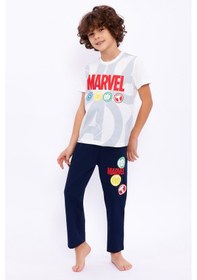 Resim Avengers Lisanslı Marvel Krem Erkek Çocuk Bisiklet Yaka Pijama Takımı Tarçın 