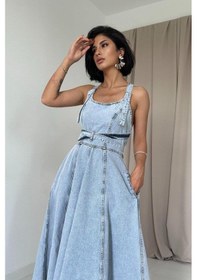 Resim Valensdesign Kar Yıkama Midi Boy Bantlı Kot Elbise Kar Yıkama 