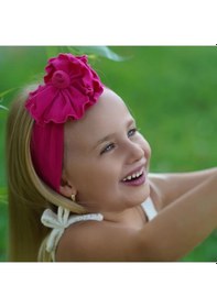 Resim Kız Bebek Çocuk Çiçek Detaylı El Yapımı Yumuşak Esnek Pamuklu Penye Saç Bandı - 6 - 9 Yaş / Fuşya Fuşya 