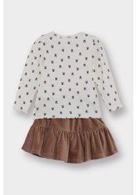 Resim Defacto Kız Bebek 3lü Takım Çiçek Desenli Fitilli Kaşkorse Uzun Kollu Tişört Kadife Etek Külotlu Çorap G0086a525aubg271 Bej 