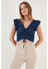 Resim Lela Büzgü Detaylı Kolları Fırfırlı Dar Kesim Crop Bayan Bluz 5865015 Indigo 