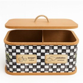 Resim Dekorasyaa 2 Bölmeli Patates Soğanlık - Bambu - Dikdörtgen Dama Desen Beyaz - Siyah 