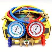 Resim Çift Başlıklı Manifold Soğutma Basınç Göstergesi Seti R134/R22 Uyumuna Sahip - İzoleli, Renk Kodlu Tüpler, HVAC Sistemleri, Soğutma Ekipmanları için Dayanıklı Yapı | Çift Göstergeli Set | Dayanıklı Yapı 