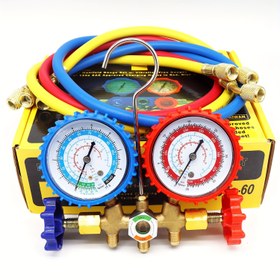 Resim Çift Başlıklı Manifold Soğutma Basınç Göstergesi Seti R134/R22 Uyumuna Sahip - İzoleli, Renk Kodlu Tüpler, HVAC Sistemleri, Soğutma Ekipmanları için Dayanıklı Yapı | Çift Göstergeli Set | Dayanıklı Yapı 