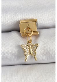 Resim 316l Çelik Sallantılı Zirkon Taşlı Kelebek Model Gold Renk Nomination Charm 