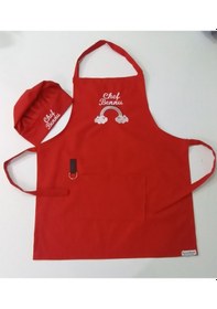 Resim Mutfak Aşçı Önlüğü Su İtici Leke Tutmaz İsme Özel Gökkuşağı Temalı Nakış Desenli Kırmızı 