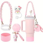 Resim Sanrio Hello Kitty Aksesuar Seti, Sevimli Kawaii Ponpon Tasarım Su Şişesi Tutacağı Kayışı ve Silikon Botu, 30/40oz Tumbler için Süsler 