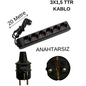 Resim Avarson 6'lı Altılı Priz Topraklı Kablolu Siyah 3x1,5 Ttr 20 Yirmi Metre 