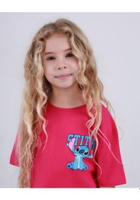 Resim Miniko Kids Kız Çocuk Stitch Modelli Pamul Şortlu Takım Fuşya 