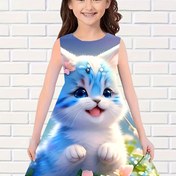 Resim Kızlar için sevimli çizgi film kedi baskılı kolsuz elbise - Mavi ve beyaz kedi tasarımı, çiçek detaylarıyla, yaz plaj partileri ve doğum günleri için mükemmel, plaj elbisesi | Oynak elbise | Esnek kumaş 