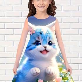 Resim Kızlar için sevimli çizgi film kedi baskılı kolsuz elbise - Mavi ve beyaz kedi tasarımı, çiçek detaylarıyla, yaz plaj partileri ve doğum günleri için mükemmel, plaj elbisesi | Oynak elbise | Esnek kumaş 
