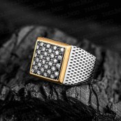 Resim Takılingo Siyah Beyaz Zirkon Taşlı Damalı Bayrak Motifli Satranç Tahtası Gümüş Erkek Yüzük 