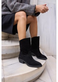 Resim Bellino Kadin Siyah Gercek Suet Astarsiz Western Bot Siyah 