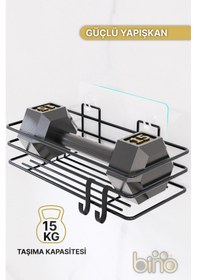 Resim Bino 2li Set Banyo Düzenleyici Şampuanlık Mat Siyah Yapışkanlı 4 Askılı Duş Rafı Paslanmaz Organizer Siyah 