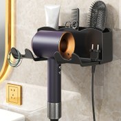 Resim 1 adet Şık Siyah Duvara Monte Saç Kurutma Makinesi ve Telefon Tutucu - Matkap Gerektirmeyen Kurulum, Çoklu Bölme Depolama ile Şık Banyo Düzenleyici, Saç Stil Aracı ve Malzemeleri için İdeal, Dayanıklı Plastik, Kullanım Kolaylığı İçin Uygun 