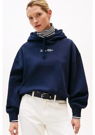 Resim Kadın Rahat Kalıp Düşük Omuzlu Kapüşonlu Sweatshirt - Lacivert Dark Night Navy 