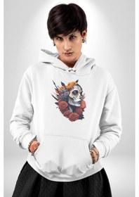 Resim Maske Dövmeli Çiçekli Kız Kadın Erkek Beyaz Kapüşonlu Sweatshirt Hoodie Beyaz 