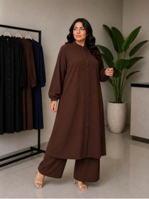Resim soBasic Büyük Beden Tesettür İkili Takım Çilek Kumaş Rahat Kalıp Beli Lastikli Pantolonlu Tunik Takım 