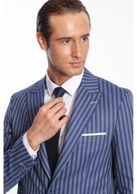 Resim Wessi Çizgili Slim Fit Mavi Erkek Ceket Siyah 