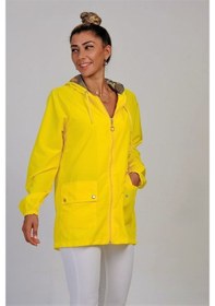 Resim Keyifli Moda Kadın Sarı Yıldız Kapüşonlu Cepli İnce Yağmurluk 